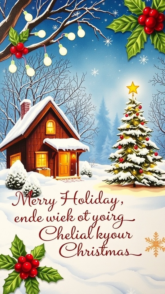 A festive Christmas card with a snowy scene, cozy cabin, and warm holiday messages.
